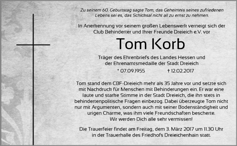  Traueranzeige für Tom Korb vom 28.02.2017 aus Offenbach