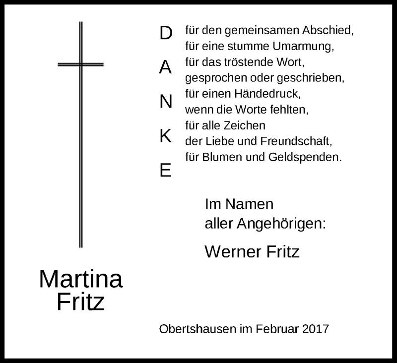 Traueranzeige für Martina Fritz vom 16.02.2017 aus Offenbach