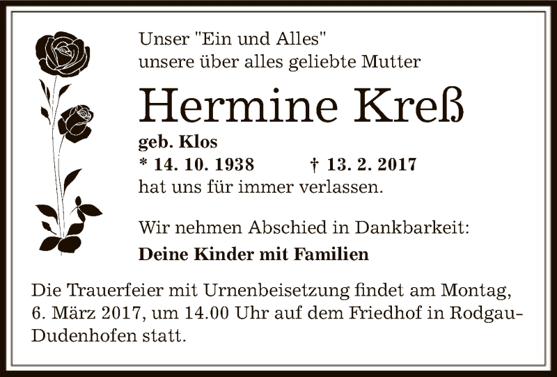  Traueranzeige für Hermine Kreß vom 23.02.2017 aus Offenbach