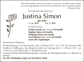 Traueranzeige von Justina Simon von Offenbach