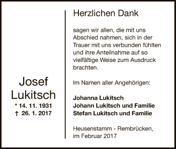 Traueranzeige von Josef Lukitsch von Offenbach