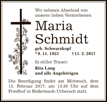 Traueranzeige von Maria Schmidt von Offenbach