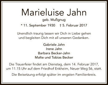 Traueranzeige von Marieluise Jahn von Offenbach