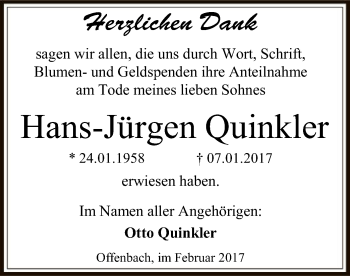 Traueranzeige von Hans-Jürgen Quinkler von Offenbach