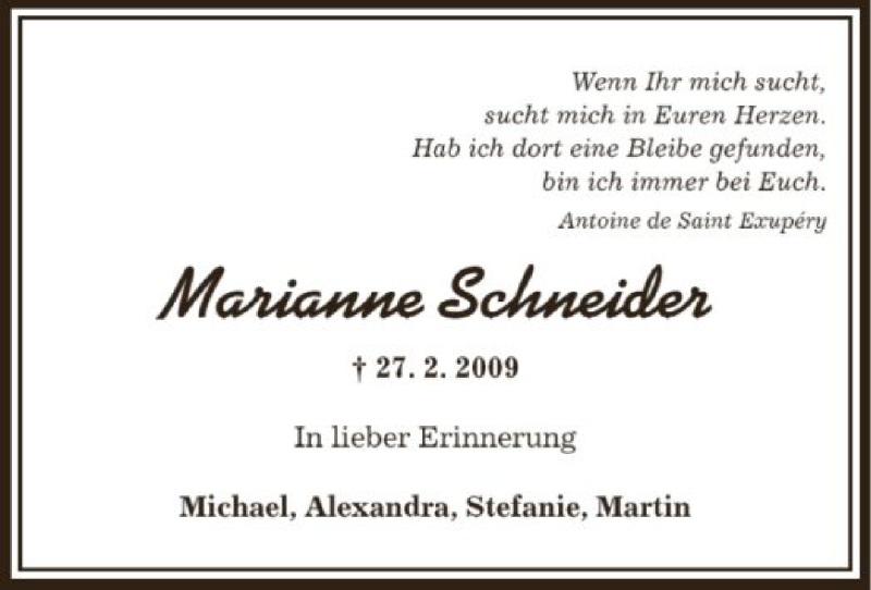  Traueranzeige für Marianne Schneider vom 27.01.2017 aus Offenbach