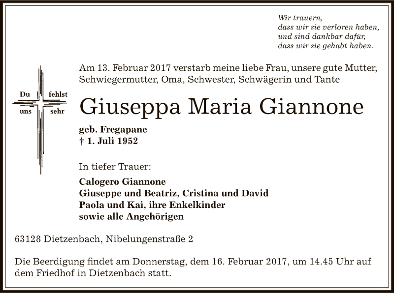  Traueranzeige für Giuseppa Maria Giannone vom 15.02.2017 aus Offenbach
