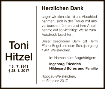 Traueranzeige von Toni Hitzel von Offenbach