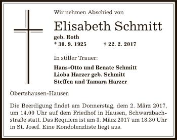 Traueranzeige von Elisabeth Schmitt von Offenbach