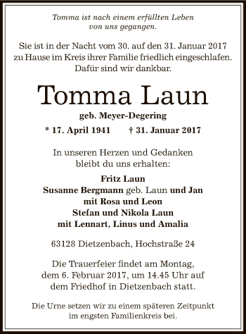 Traueranzeige von Tomma Laun von Offenbach