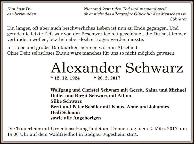  Traueranzeige für Alexander Schwarz vom 25.02.2017 aus Offenbach