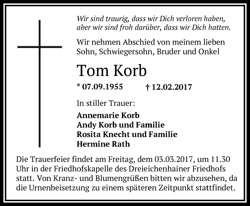  Traueranzeige für Tom Korb vom 27.02.2017 aus Offenbach