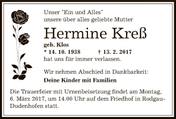 Traueranzeige von Hermine Kreß von Offenbach