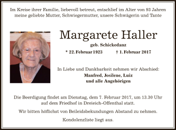 Traueranzeige von Margarete Haller von Offenbach