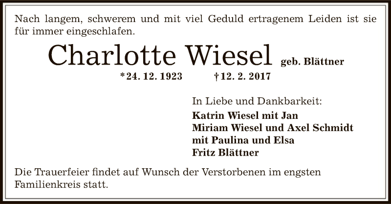  Traueranzeige für Charlotte Wiesel vom 22.02.2017 aus Offenbach