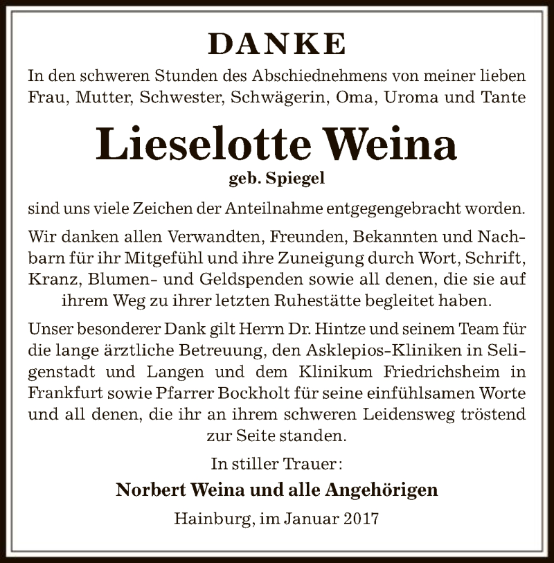  Traueranzeige für Lieselotte Weina vom 01.02.2017 aus Offenbach