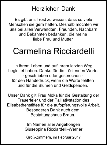 Traueranzeige von Carmelina Ricciardelli von Offenbach