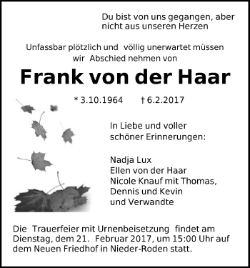 Traueranzeige von Frank von der Haar von Offenbach