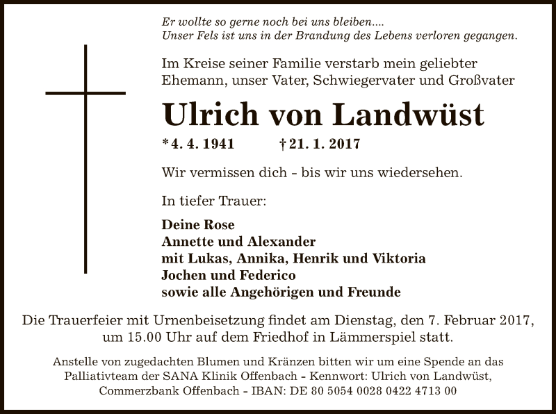  Traueranzeige für Ulrich von Landwüst vom 28.01.2017 aus Offenbach