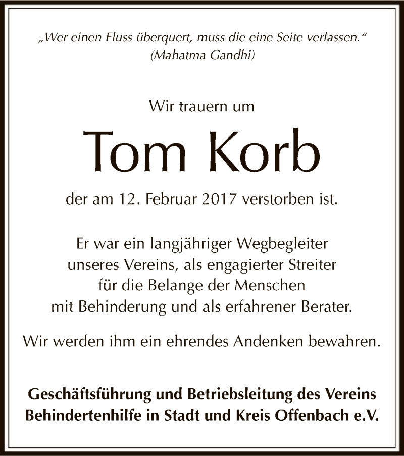  Traueranzeige für Tom Korb vom 24.02.2017 aus Offenbach