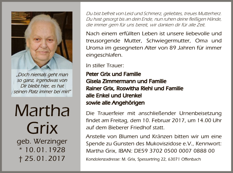  Traueranzeige für Martha Grix vom 04.02.2017 aus Offenbach