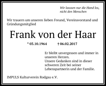 Traueranzeige von Frank von der Haar von Offenbach