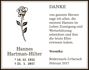 Traueranzeige von Hannes Hartmann-Hilter von Offenbach