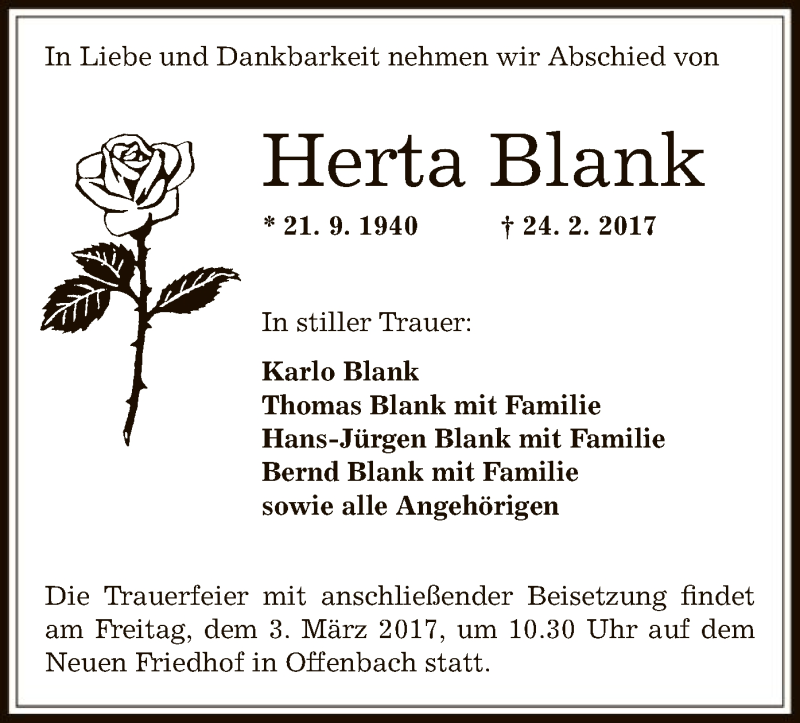  Traueranzeige für Herta Blank vom 25.02.2017 aus Offenbach