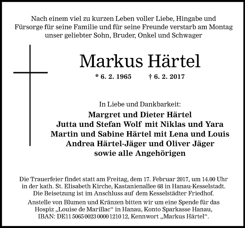  Traueranzeige für Markus Härtel vom 11.02.2017 aus Offenbach