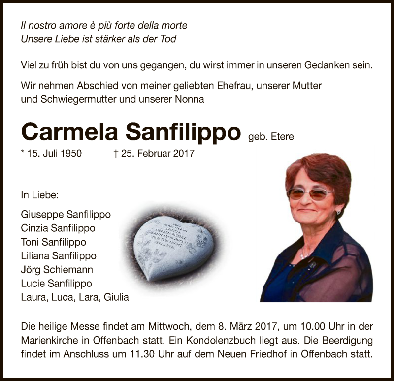  Traueranzeige für Carmela Sanfilippo vom 04.03.2017 aus Offenbach