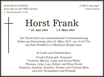 Traueranzeige von Horst Frank von Offenbach