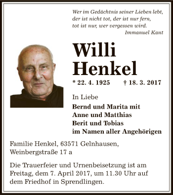 Traueranzeige von Willi Henkel von Offenbach