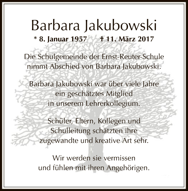  Traueranzeige für Barbara Jakubowski vom 27.03.2017 aus Offenbach