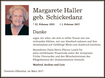 Traueranzeige von Margarete Haller von Offenbach