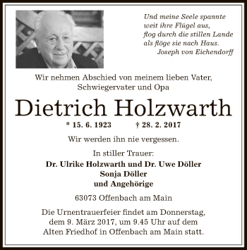 Traueranzeige von Dietrich Holzwarth von Offenbach