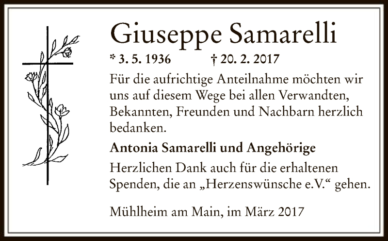  Traueranzeige für Giuseppe Samarelli vom 16.03.2017 aus Offenbach