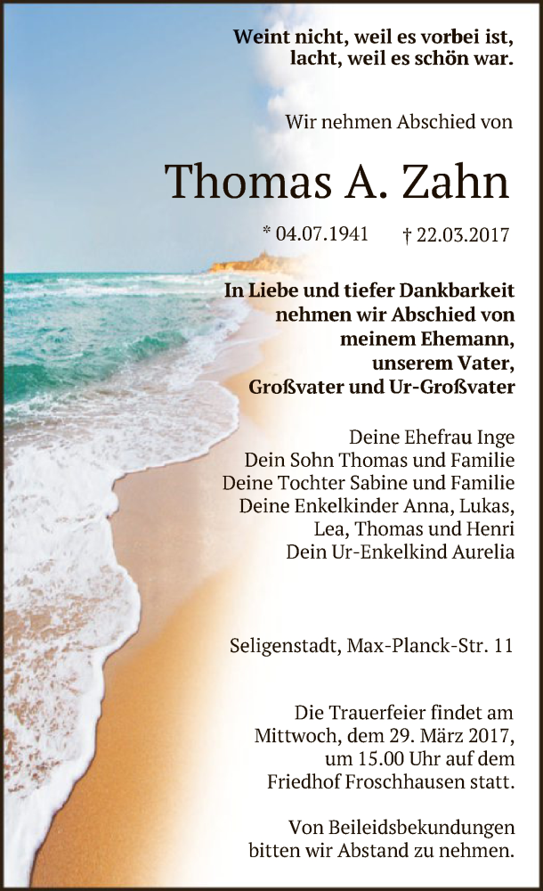  Traueranzeige für Thomas A. Zahn vom 25.03.2017 aus Offenbach