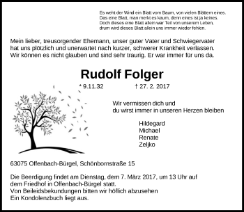 Traueranzeige von Rudolf Folger von Offenbach