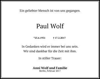 Traueranzeige von Paul Wolf von Offenbach