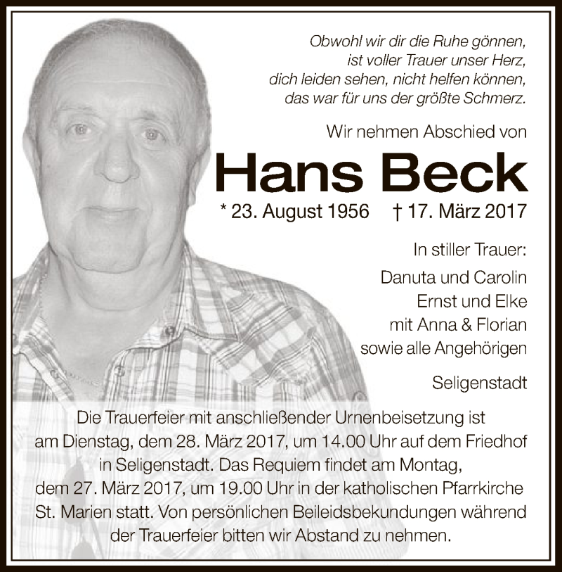  Traueranzeige für Hans Beck vom 22.03.2017 aus Offenbach