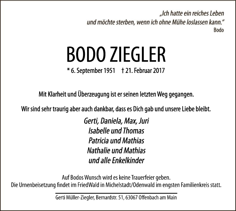  Traueranzeige für Bodo Ziegler vom 07.03.2017 aus Offenbach