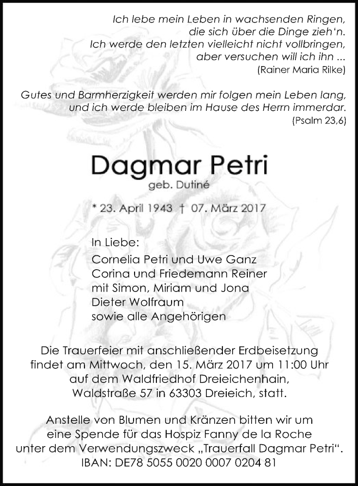  Traueranzeige für Dagmar Petri vom 11.03.2017 aus Offenbach