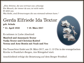 Traueranzeige von Gerda Elfriede Ida Textor von Offenbach