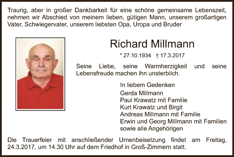  Traueranzeige für Richard Millmann vom 23.03.2017 aus Offenbach