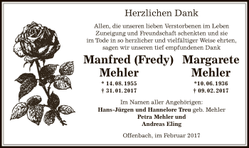 Traueranzeige von Manfred und Margarete Mehler von Offenbach