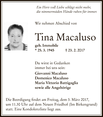 Traueranzeige von Tina Macaluso von Offenbach