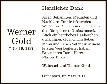 Traueranzeige von Werner Gold von Offenbach