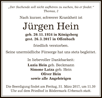 Traueranzeige von Jürgen Hain von Offenbach