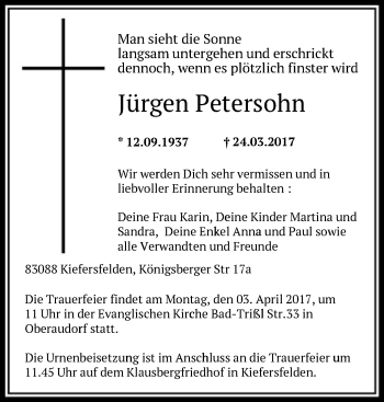 Traueranzeige von Jürgen Petersohn von Offenbach