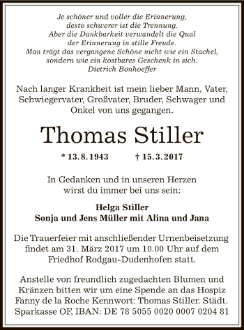 Traueranzeige von Thomas Stiller von Offenbach