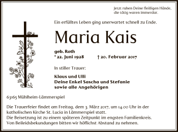 Traueranzeige von Maria Kais von Offenbach